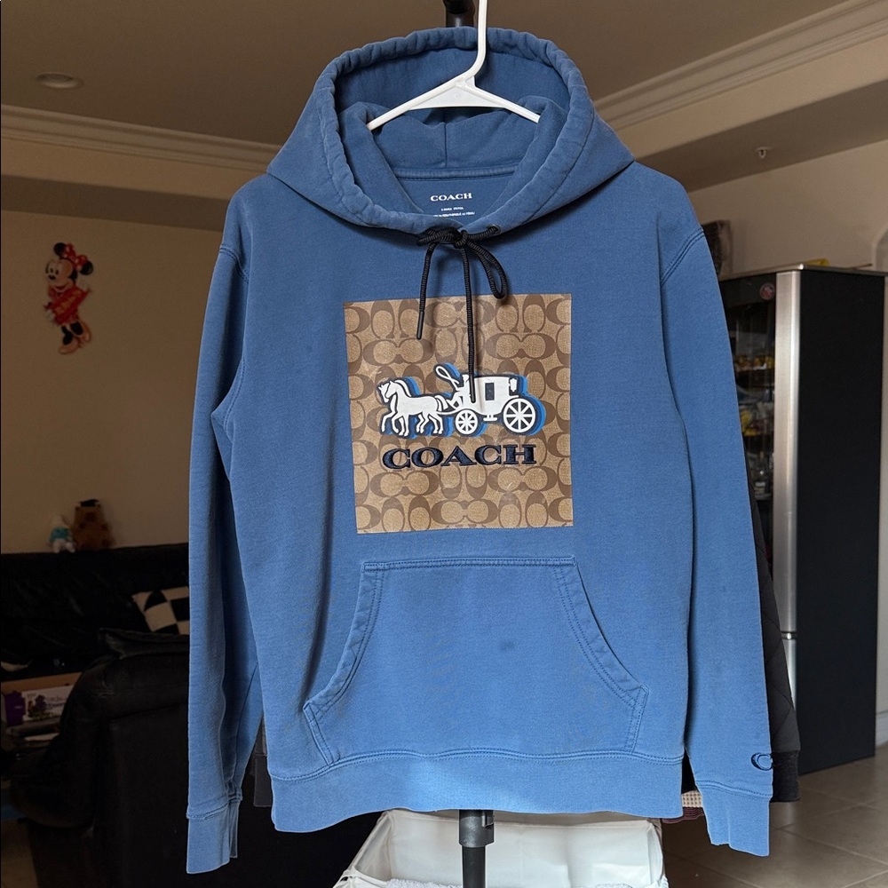 Coach Blue Hoodie with Tan Logo Patch